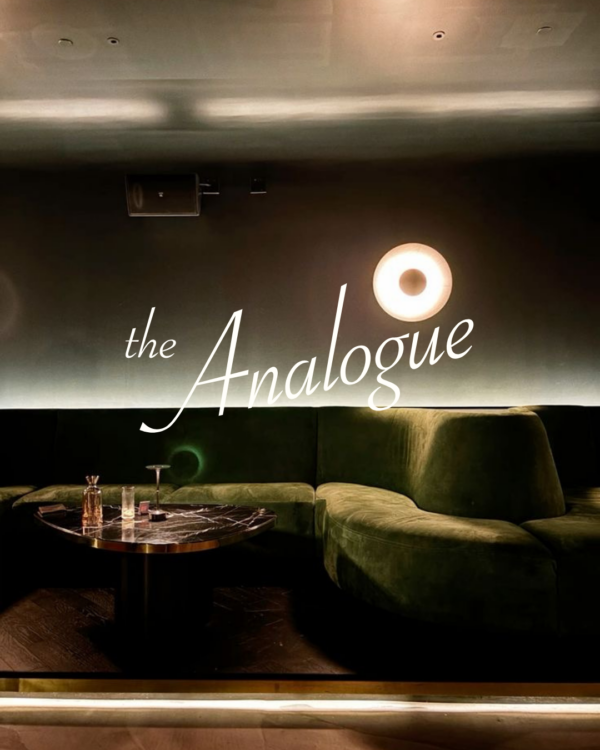 A mockup of the Analogue logo with a background of a plush lounge.