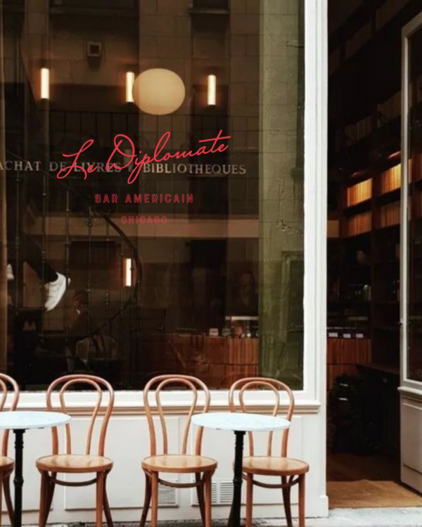 The outside of a bistro-style cafe with cafe chairs and tables out front. On the large restaurant window we see a "Le Diplomate" logo in red writing on the front.