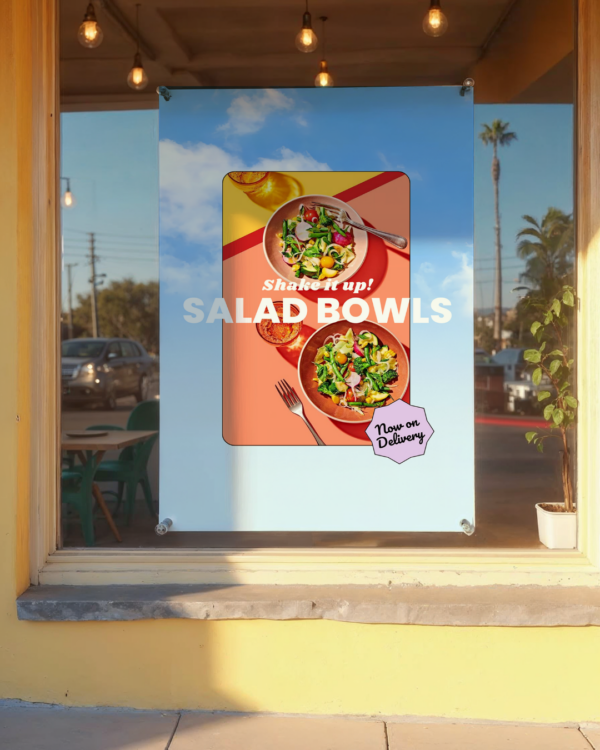 Canva social template as a poster mockup on a restaurant window